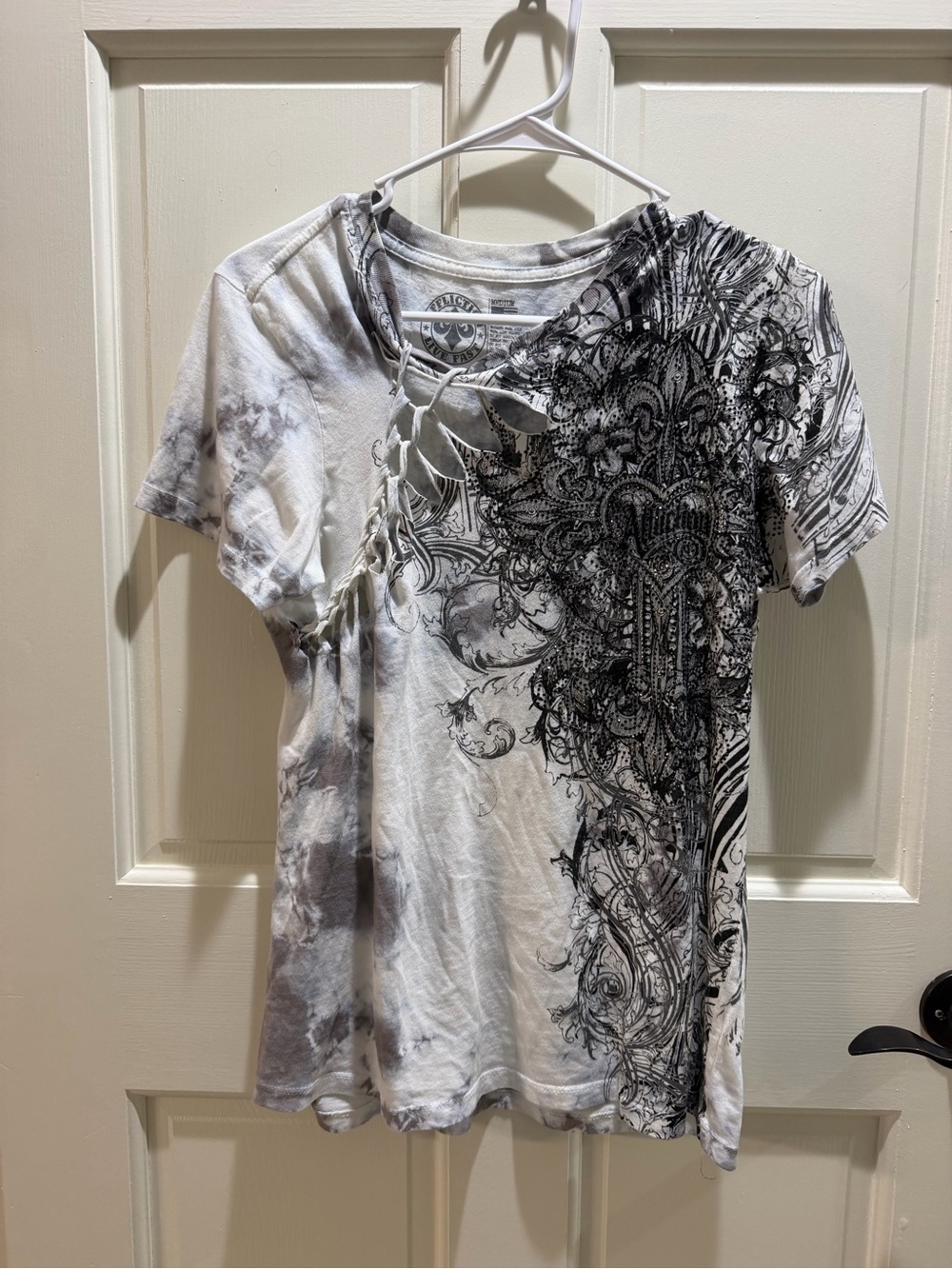 Affliction Women’s Black & White Lace-Up Graphic Tee
